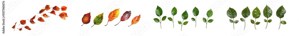 Poster set of colorful leaves transitioning from autumn hues to spring greenery. isolated on transparent ba