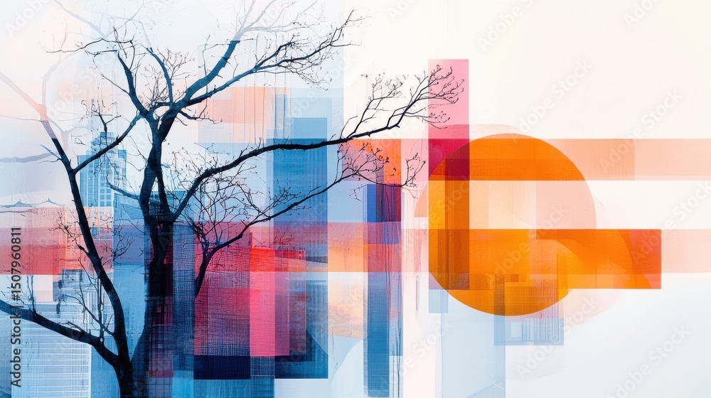 Poster an abstract and visionary cityscape where the rigid structures of buildings twist and distort taking
