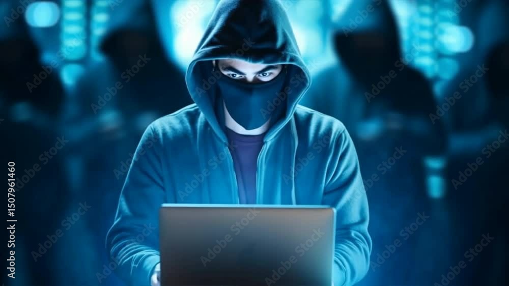 Poster a mysterious hacker works intently on a laptop, surrounded by shadows, representing cyber security a