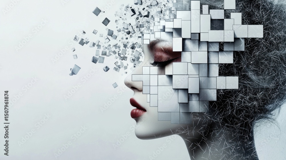 Aufkleber this surreal digital artwork depicts a fragmented and pixelated feminine face where cubes of varying