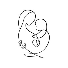 Abstract line art of a mother holding her child in a tender embrace with floral elements, perfect for conveying love and connection