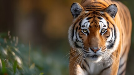 Fototapeta premium Powerful tiger stalking through lush jungle under golden light