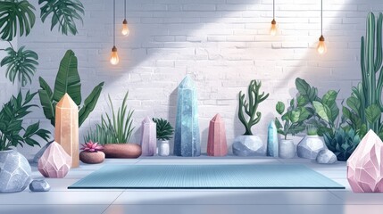 Crystals, yoga mat, plants, sunlit room, serene space, for wellness promotion