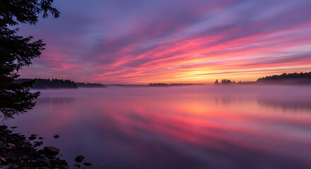 Serene Pink and Orange Sunset over Misty Lake with Reflections