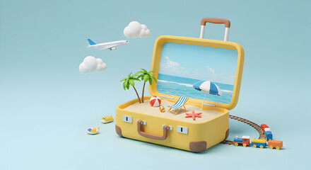 Obraz premium Pixel Art Style Open Yellow Suitcase Filled with Beach Scene with Palm Tree and Toy Airplane and Train on Blue Background