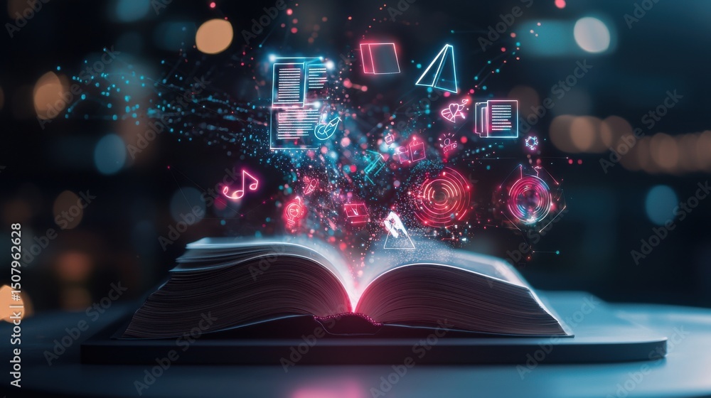 Poster an open book radiating with a captivating display of holographic pages filled with glowing shapes pa