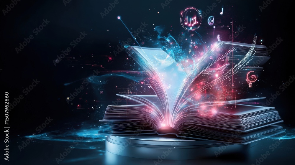 Poster an open book with pages that glow and emit captivating holographic light symbolizing the power of di