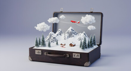 Pixel Art Suitcase Opening to Snowy Mountain Scene with Red Airplane Against Purple Background