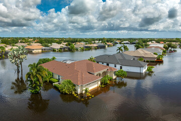 Flooding in Florida caused by tropical storm from hurricane Debby. Suburb houses in Laurel Meadows...