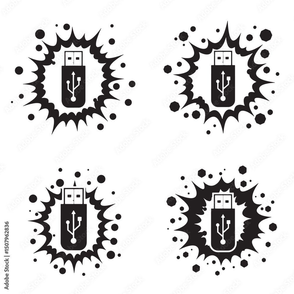 Poster artistic vector composition featuring a usb flash drive silhouette within a stylized explosion shape