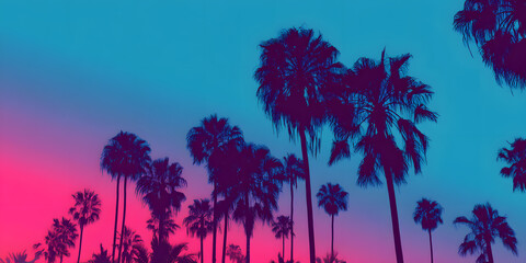 Obraz premium Vibrant gradient palm tree artwork reflecting vintage 80s aesthetic styles over an abstract background.