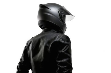 Motorcyclist with Black Helmet and Leather Jacket seen in lowangle shot with white background.