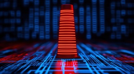 A glowing red tower stands amidst a futuristic, blue-lit digital circuit, evoking advanced technology and cyber themes.