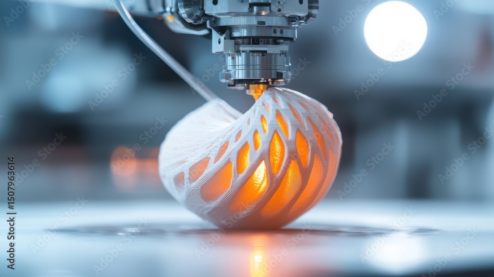 Poster advanced 3d printing laboratory with a robotic arm extruding a spiraled plastic object using high te