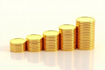 Stacks of golden coins isolated on white background showing financial growth.