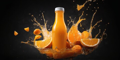 Fresh and Vibrant Orange Juice in Bottle with Citrus Splash on Black Background  Health and Wellness Concept.