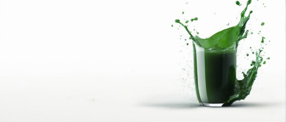 Freshly squeezed green juice splashing out of glass on white background, creating dynamic energy with scattered droplets.