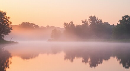 Fototapeta premium 朝焼けと霧に包まれた静かな湖畔の風景