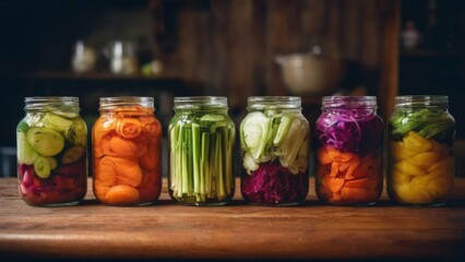 Colorful pickled vegetable jars on wooden table. Various shapes and sizes. Kitchen setting with blurred background. Fresh and vibrant.