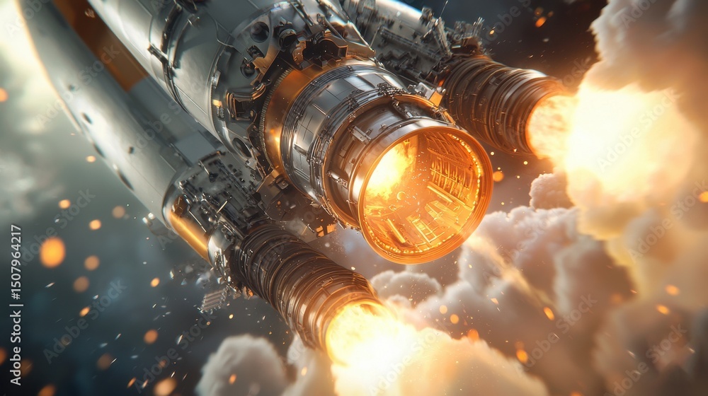 Poster an intense and image capturing the dramatic liftoff of an advanced rocket with its powerful engines 