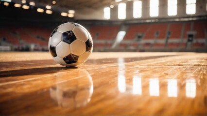 Soccer ball on indoor stadium floor with blurred empty seats, white ball with black stars reflecting stadium lights.