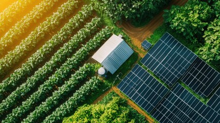 Aerial drone view of a modern high tech smart farm with rows of solar photovoltaic panels showcasing the of renewable energy and sustainable agriculture practices