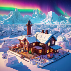 Arctic Research Station in Voxel Art Style with Color Negative Film