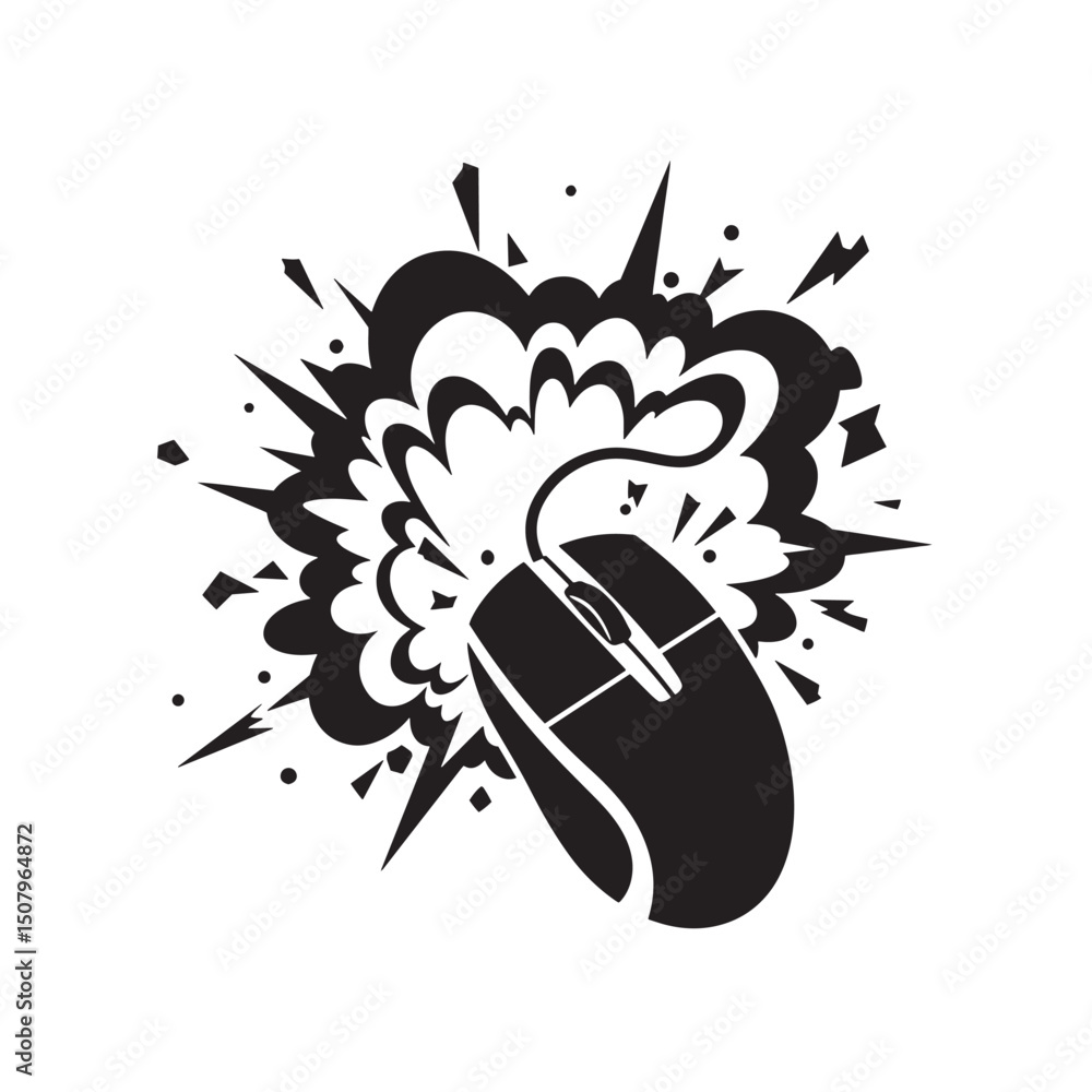 Poster a dynamic black and white silhouette of a computer mouse bursting forth from an explosion design ele