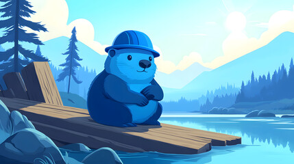 Illustration of a beaver wearing a blue hard hat, sitting on wooden planks beside a serene river