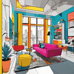 Pop Art Style Interior Design Blueprint - Vibrant & Playful Architecture Art