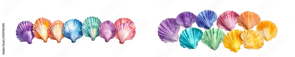 Poster set of colorful seashells arranged in a horizontal row. isolated on transparent background