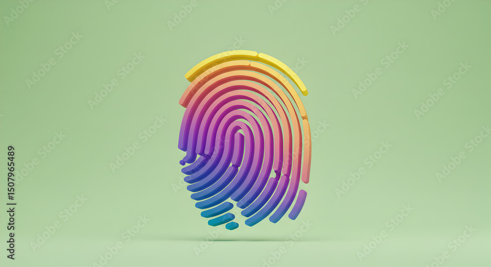 Poster pixelated fingerprint with rainbow gradient on pastel green background displaying blocky texture dig