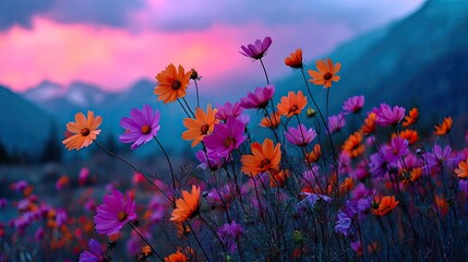 Obraz premium Blooming flowers in meadow under dreamlike glowing sky concept. Colorful flowers bloom under a stunning twilight sky.