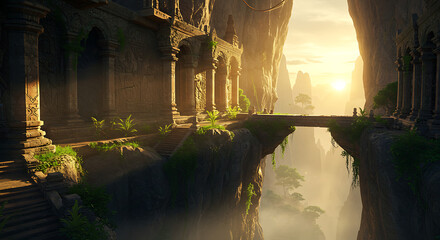 Ancient Cliffside Temple Ruins at Sunrise Lush Jungle Mystical Asian Architecture