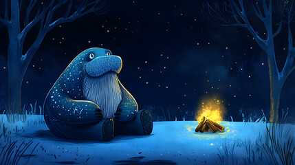 A whimsical blue creature sits near a soothing campfire in a tranquil nighttime forest