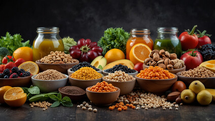 Healthy food concept with a variety of vegetables, fruits, meat, fish, grain salads and spices. Variety of vegetarian dishes arranged in bright rainbow colors. Healthy food options.