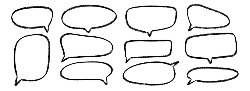 Hand drawn speech bubbles set. Doodled crayon dialog box collection. Sketched textured comic talk frames. Round, square or rectangle balloon text box bundle. Vector chalk pencil chat cloud pack