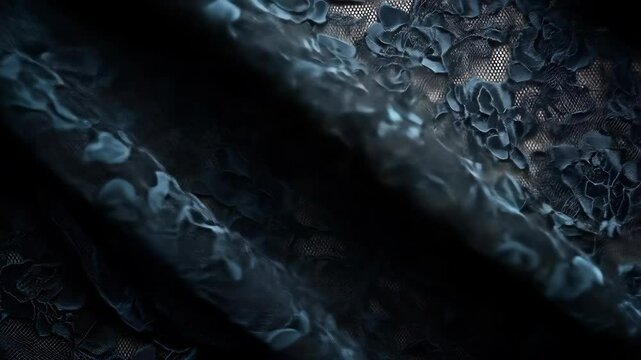 Black lace fabric with floral textile texture and elegant folds creating delicate black lace floral fabric texture fold design