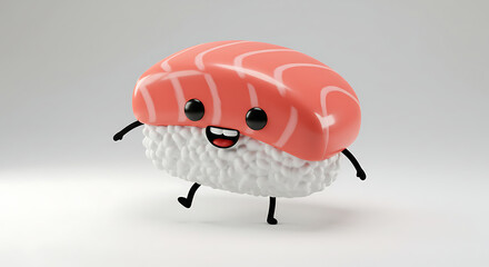 Adorable Cartoon Sushi Character Happy Salmon Nigiri 3D Render Japanese Food Illustration