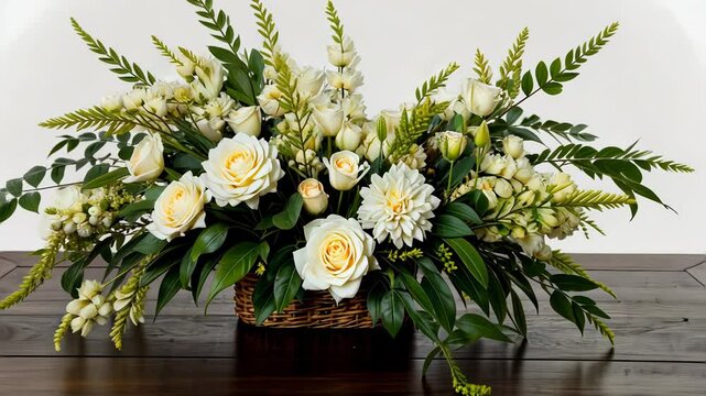 Elegant floral arrangement with white roses and greenery in a basket  