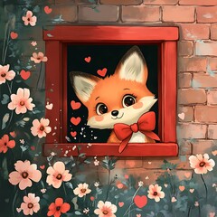 Cute fox peeking out of a window surrounded by flowers.