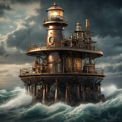 Steampunk Lighthouse in Wide Shot with Flatbed Scan Style