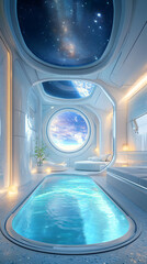 Futuristic bedroom interior featuring a glowing pool, starry sky ceiling, and Earth-view window.
