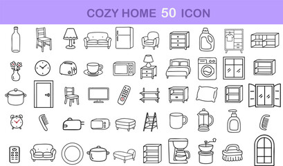 Cozy home icons featuring furniture and appliances create warm atmosphere. Perfect for home decor and design projects