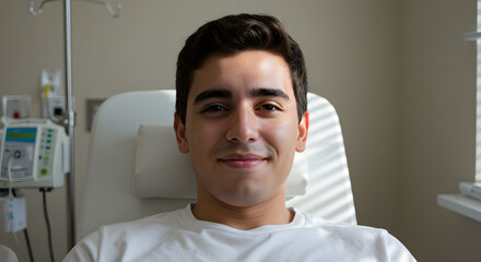 A young adult male lying in a medical setting, possibly after donating blood, with a calm expression, showing the experience of a donor.	
