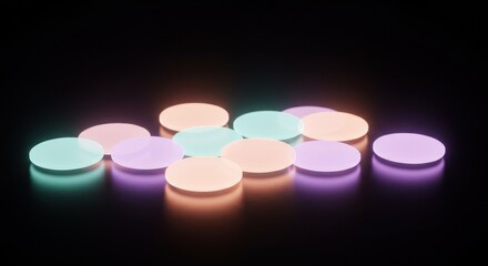 黒背景に光るパステルカラーの円盤の抽象的な3Dイメージ