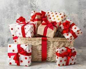 Wrapped gifts in a basket