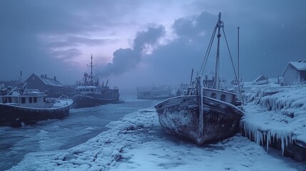 Aurora shimmering over a snow-covered harbor where boats are encased in frost and ice, Generative AI