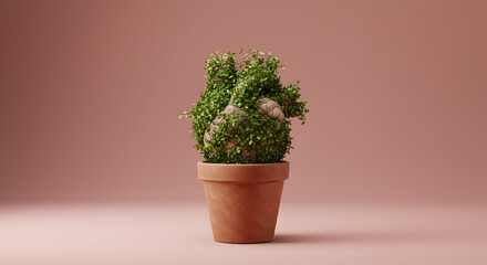 Fototapeta premium Potted Green Foliage Plant in Brown Ceramic Pot against Light Pink Backdrop in Studio Lighting