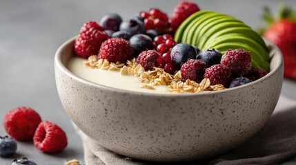 Healthy smoothie bowl of avocado with red berries concept. Healthy yogurt bowl topped with fresh berries and granola.